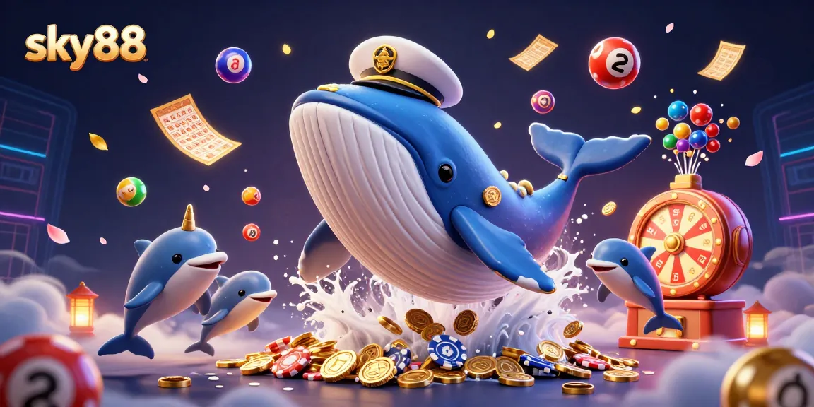 Engage with sky88 by winning exciting prizes as a cartoon whale and friends celebrate with lottery balls and cash in hand.