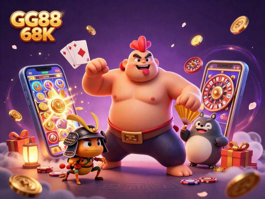 Experience thrilling luck with GG88 68K in this vibrant casino scene featuring notable characters and game elements.
