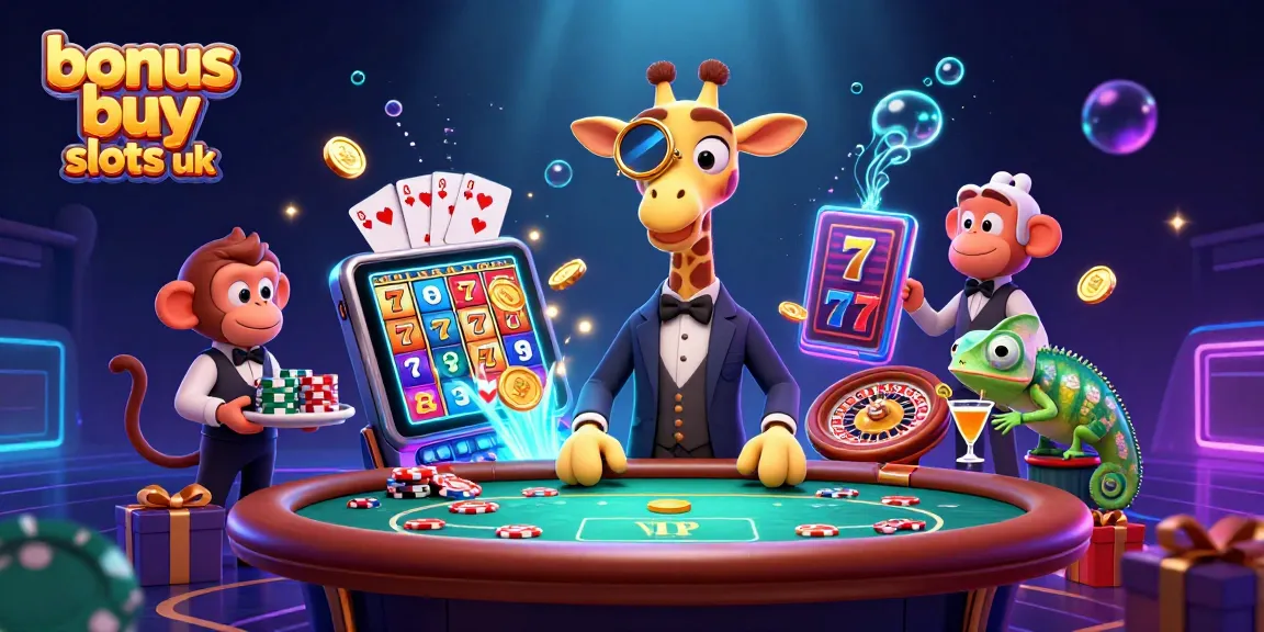 Experience the thrill of bonus buy slots uk with our lively casino scene featuring a giraffe, monkey, and chameleon.