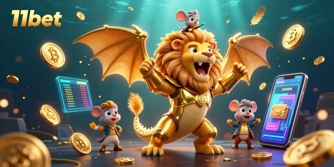 Engage with the thrilling world of 11bet as a golden chimera and mouse jockey celebrate victory amid crypto coins and casino elements.