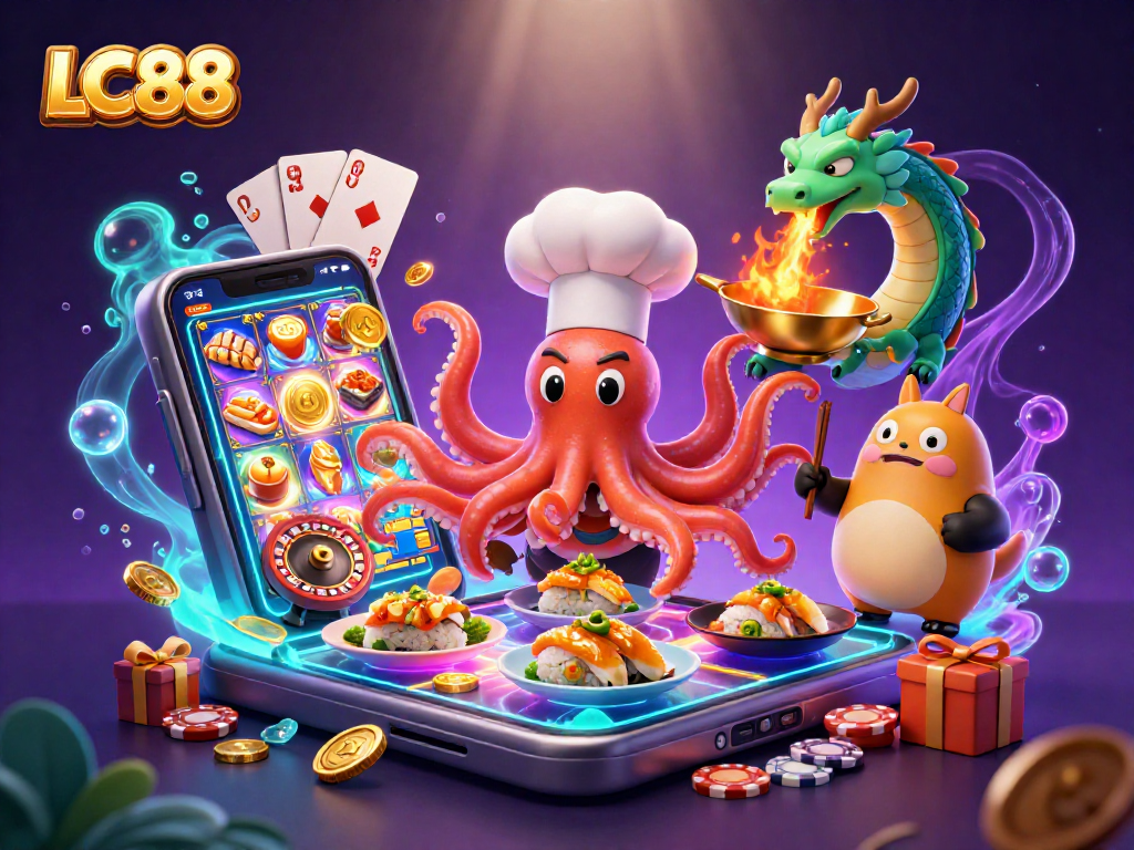Experience the thrill of LC88 with vibrant slot games and dynamic casino elements in a captivating scene.