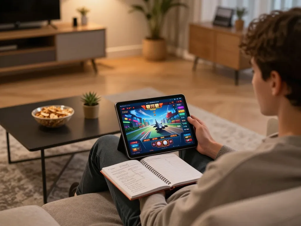 Engaging in an online F168 casino session at home, with focused gameplay on a tablet and strategic notes.
