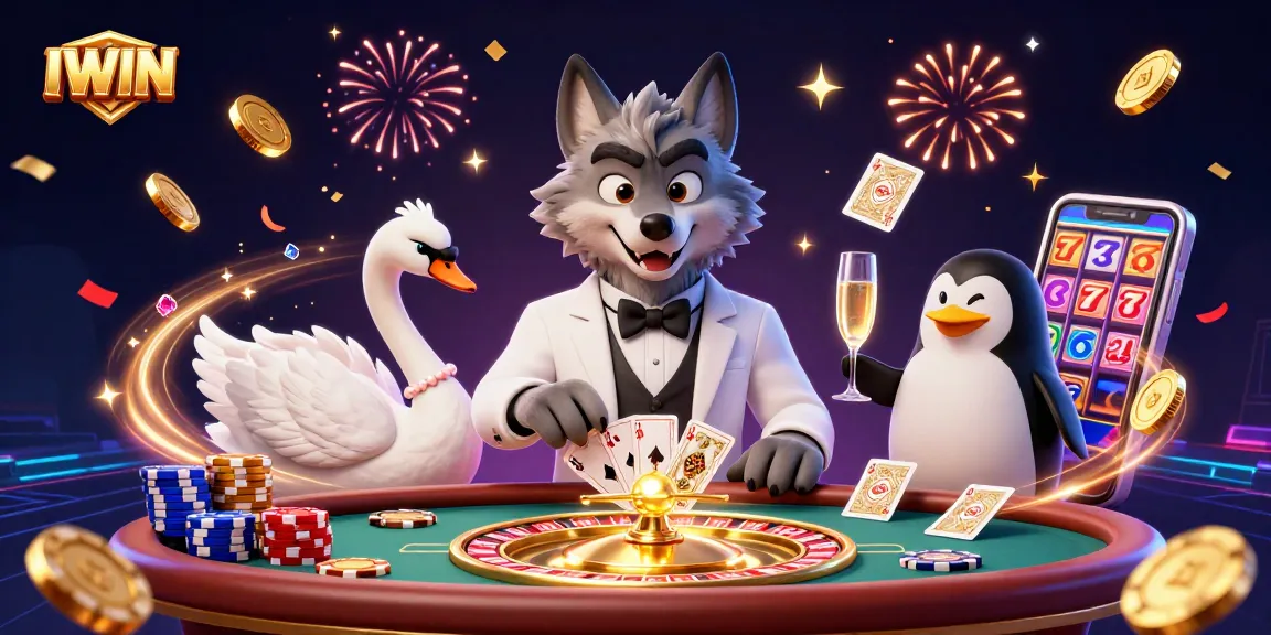 IWIN casino gaming scene featuring a debonair wolf and elegant characters around baccarat with festive decorations.