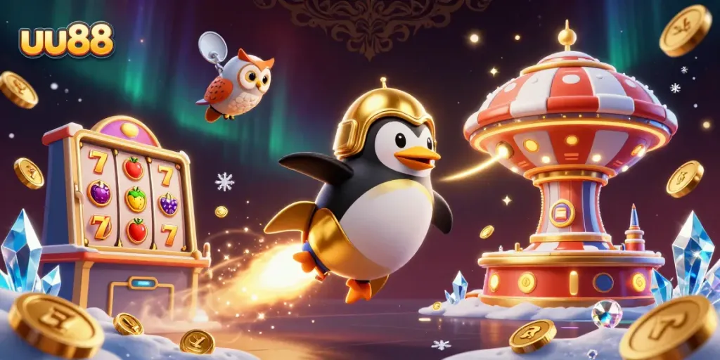 Spin to win with uu88's vibrant slots scene featuring a golden penguin and dazzling casino elements.
