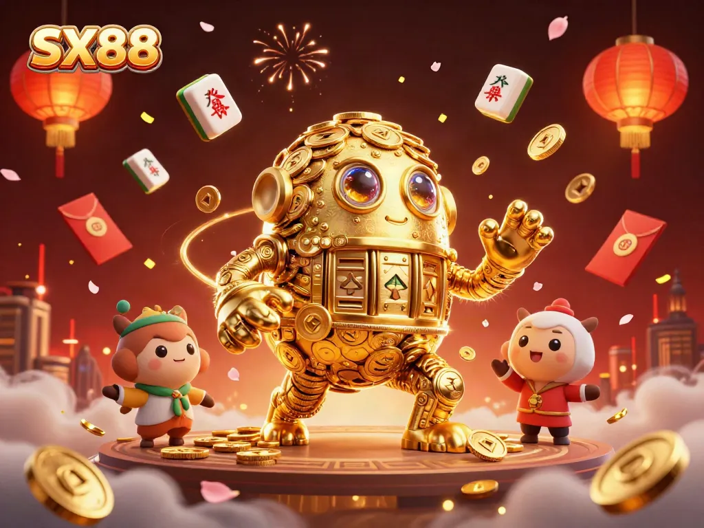 Engage with SX88's vibrant casino atmosphere through a golden golem and festive elements.