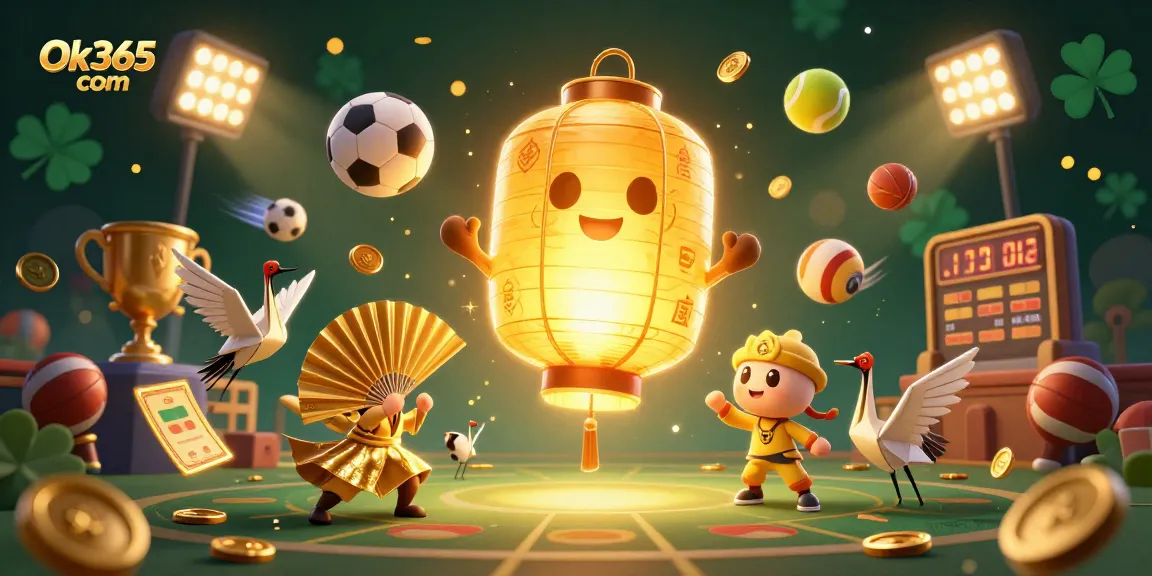 Experience exciting gaming action at Ok365 com with vibrant golden lantern spirits and dynamic sports elements.
