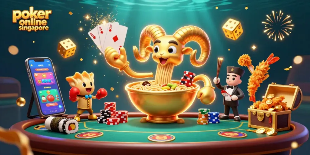 Experience vibrant scenes of poker online Singapore with a golden ramen character and action-packed gameplay.