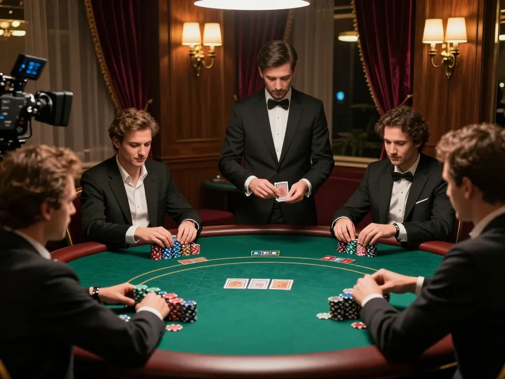 Exciting poker game in a VIP room at 壹發娛樂, players focused on their hands, colorful chips creating a vibrant scene.