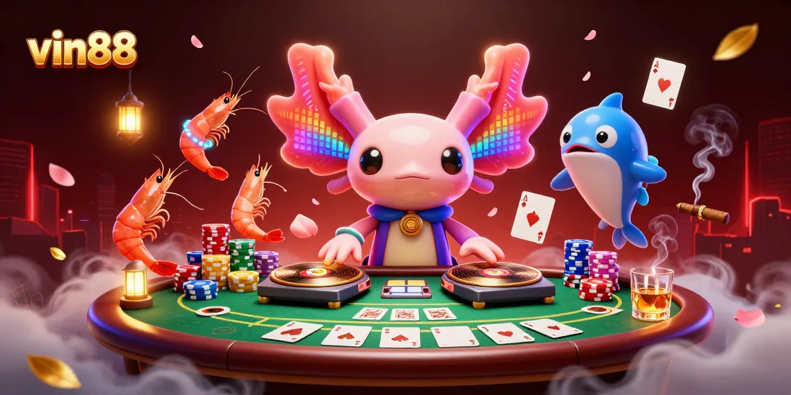 Win big at vin88 with vibrant casino-themed illustration showcasing dancing sea creatures and poker elements.