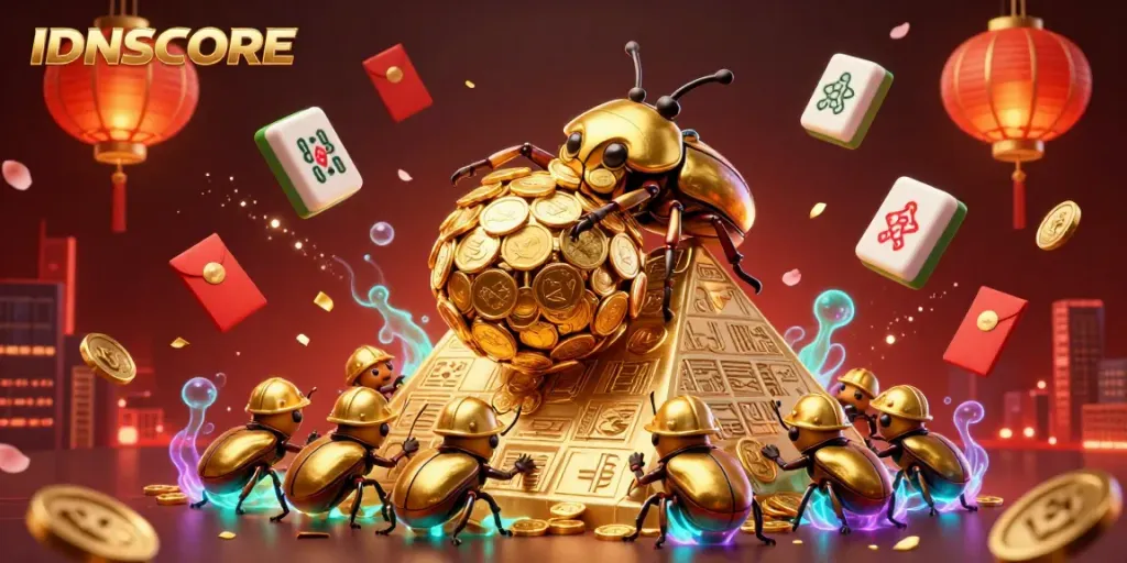 IDNSCORE features vibrant representation of fortune with golden beetles and casino symbols in a dynamic illustration.