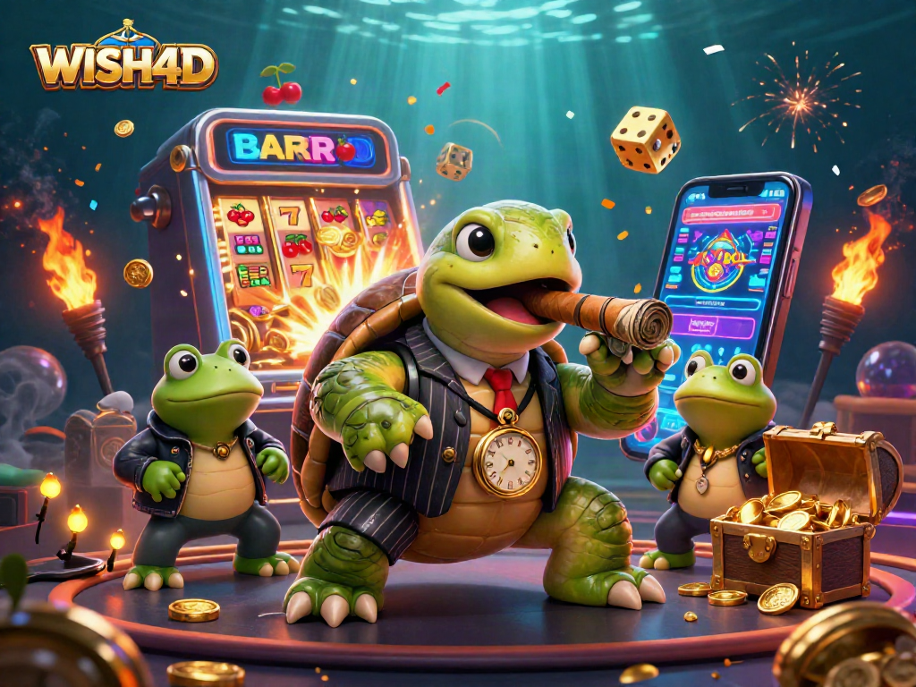 Experience winning excitement with WISH4D in this vibrant casino scene featuring a snapping turtle and dynamic game elements.