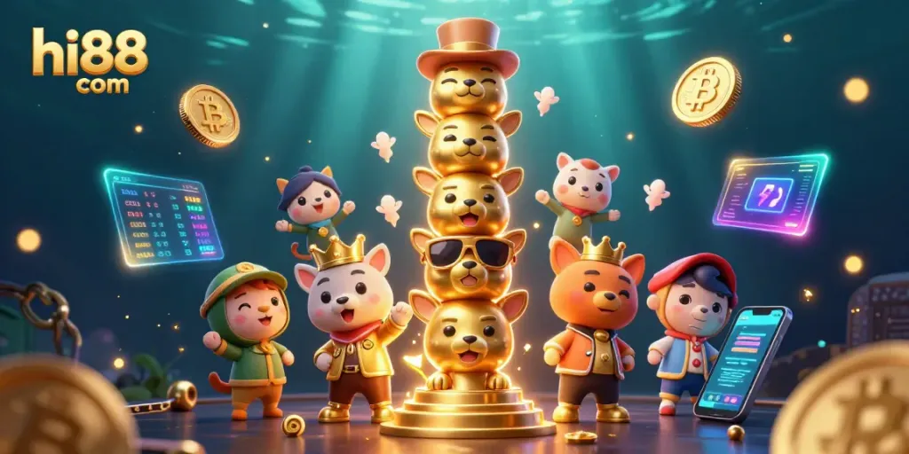 Experience the thrill of winning at hi88 com with a vibrant 3D casino-themed illustration.