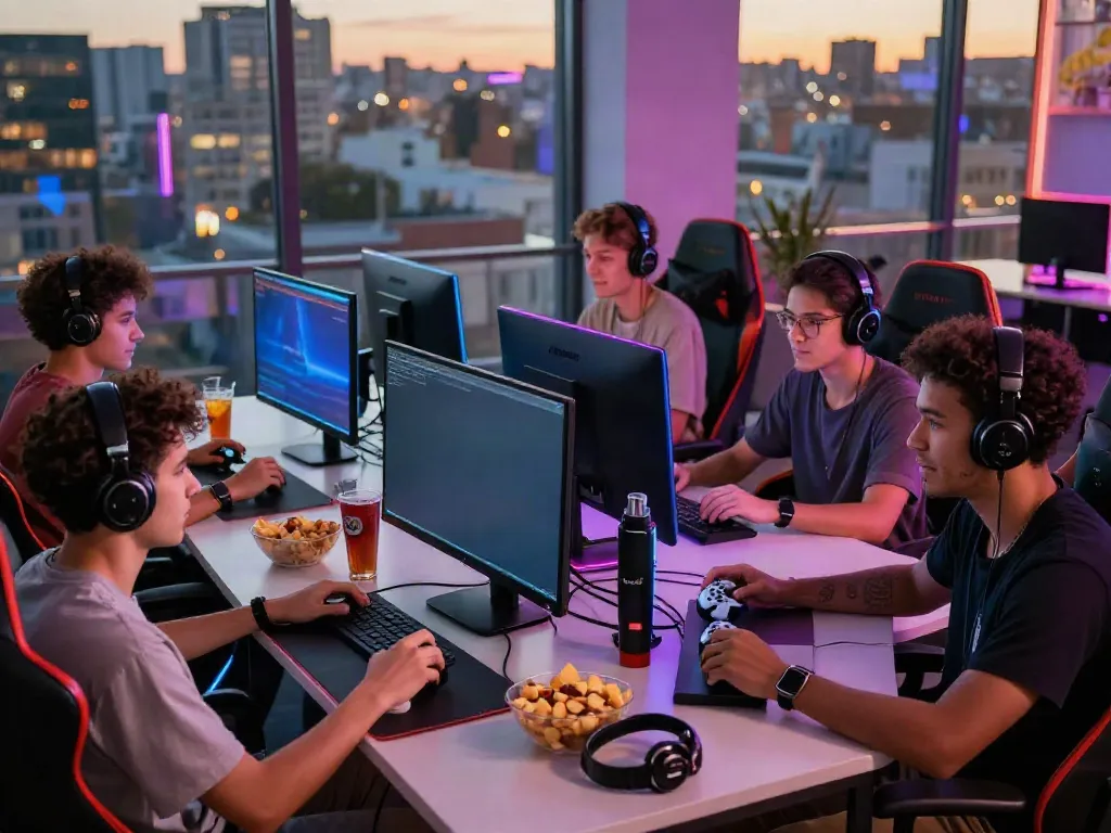 Friends enjoying the hitclub gaming experience with vibrant decor and snacks.