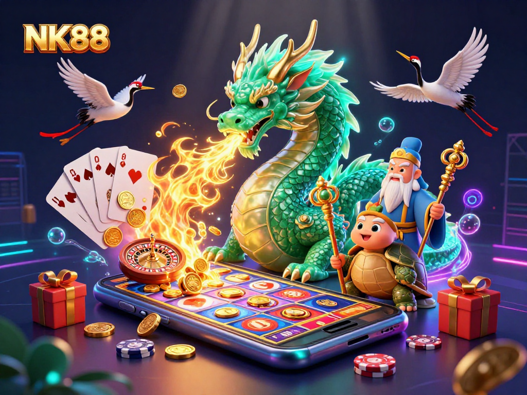 Experience thrilling casino action with NK88, featuring a dragon, turtle sage, lucky cranes, and vibrant gaming elements surrounding them.