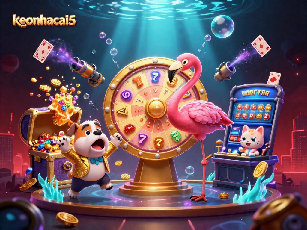 Excited contestant bulldog alongside flamingo host spinning keonhacai5 prize wheel in vibrant casino scene.