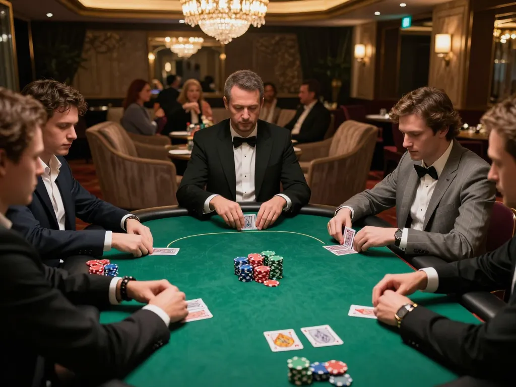 rokok88 poker players engaged in high-stakes game with chips and cards at upscale casino