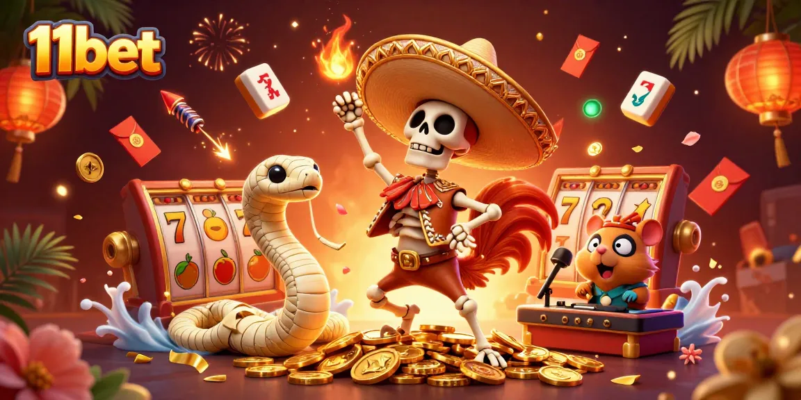 Experience thrilling gaming with 11bet as a skeleton mariachi rooster dances on golden coins.