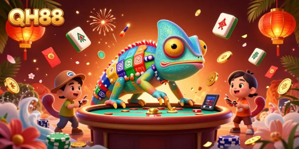 Experience the vibrant atmosphere of QH88, featuring an animated chameleon casino owner amidst dynamic game elements.