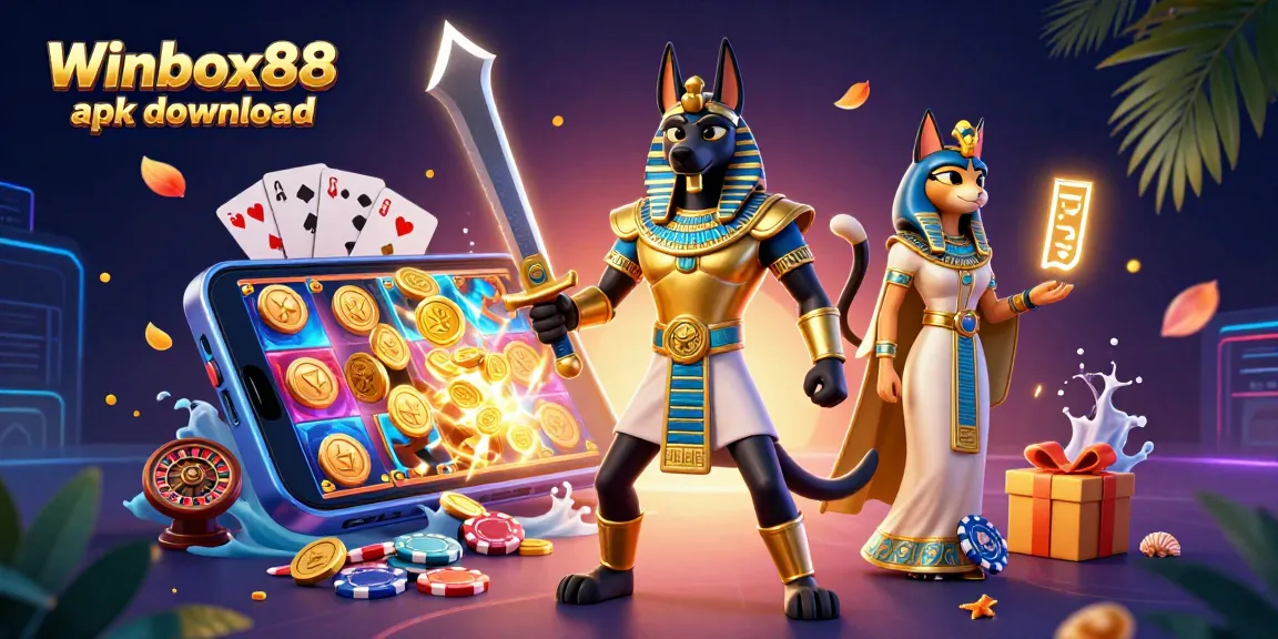 Experience Winbox88 apk download in a vibrant casino scene with Anubis, glowing hieroglyphs, and dynamic gaming elements.