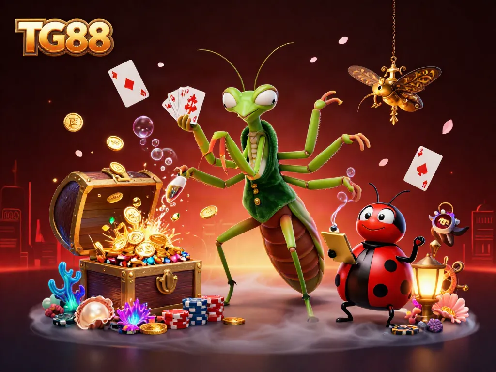 Engaging scene of TG88 with a giant praying mantis card sharp and a ladybug pit boss dealing cards amidst treasure in a vibrant casino.