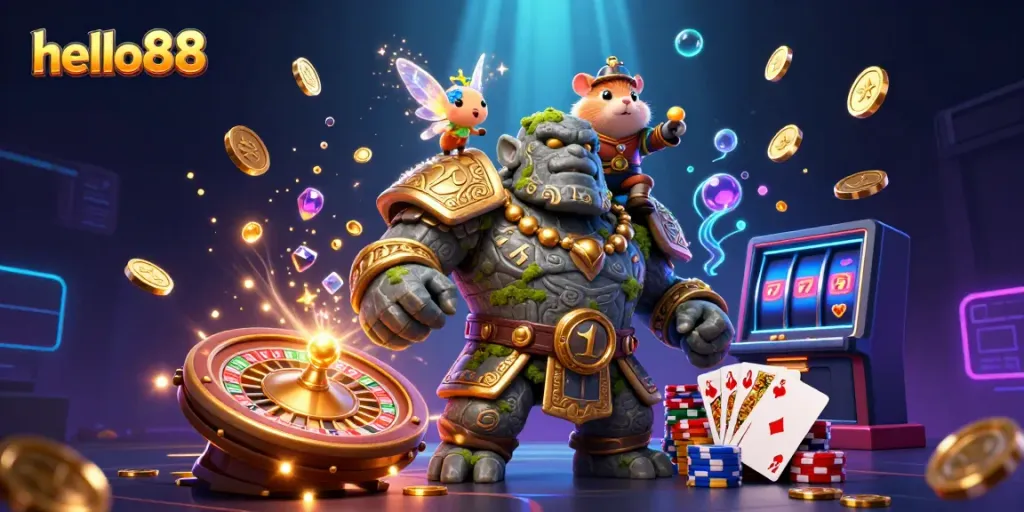 Engage with hello88 in a captivating 3D casino scene featuring a golem, fairy, and hamster knight surrounded by casino elements.