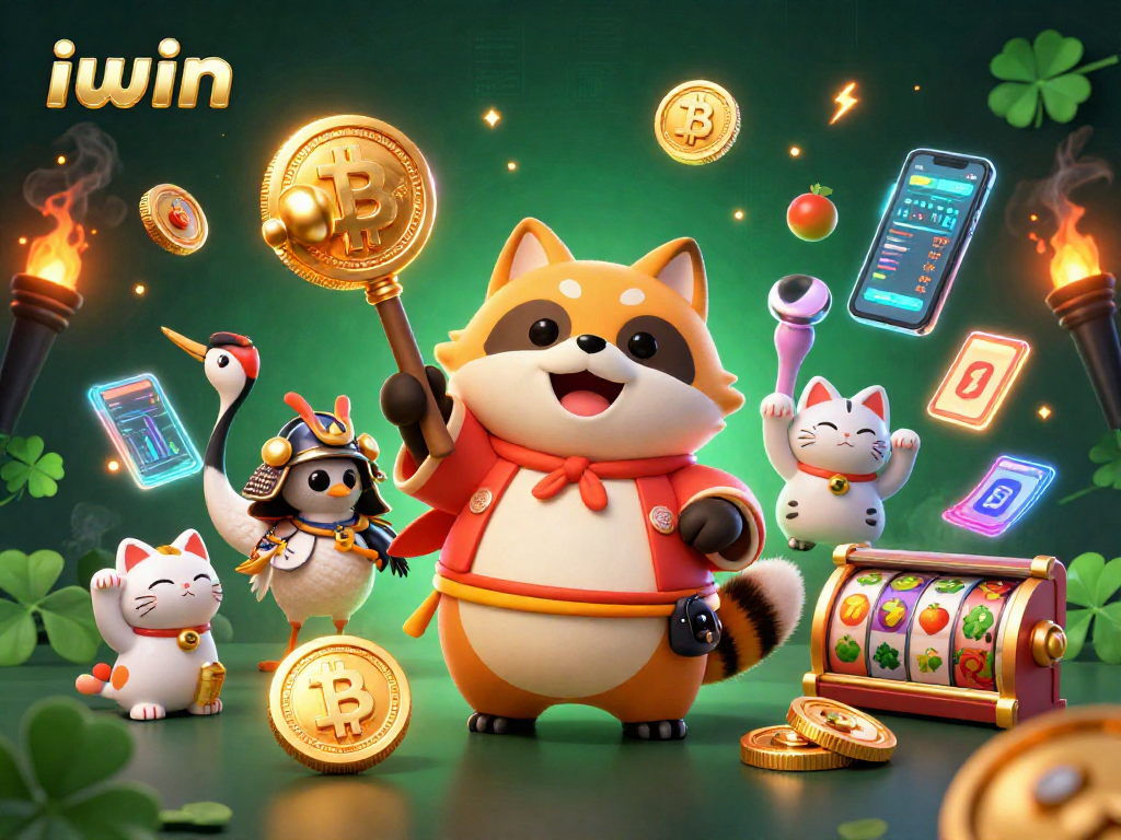 iwin showcases a lively 3D illustration featuring a cheerful tanuki, samurai crane, and vibrant slot symbols.