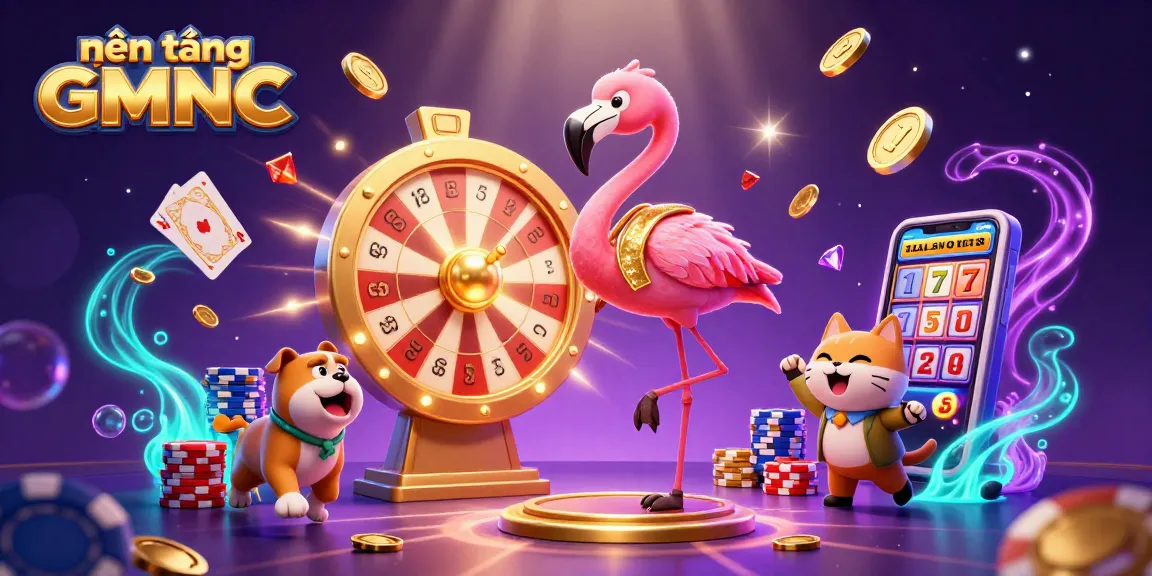 Spin the giant prize wheel with the exciting nền tảng GMNC characters in a vibrant casino scene.