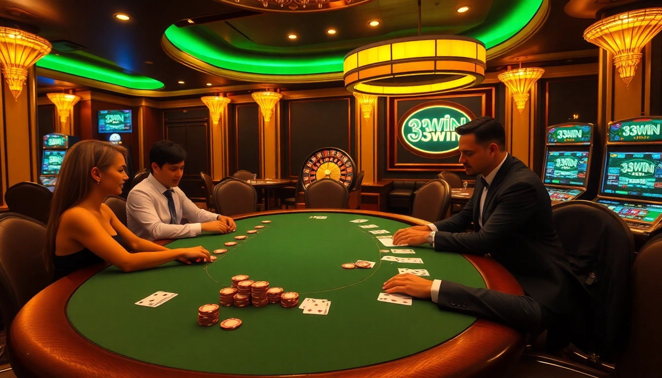 Players strategizing at a poker table in a luxurious casino representing the excitement of 33WIN.