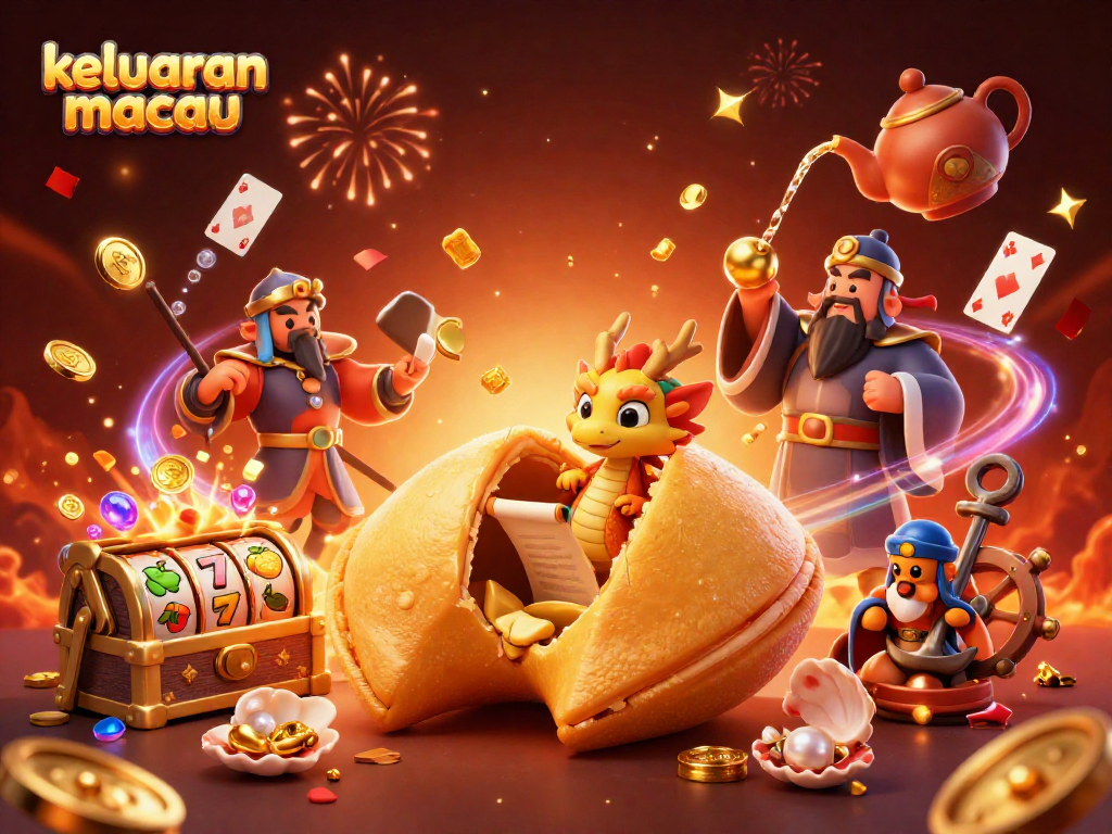 Win big with keluaran macau featuring a golden cookie, dragon, and exciting slot elements.