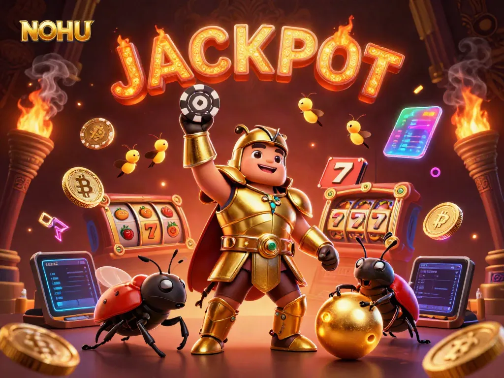Experience jackpot excitement with NOHU in a vibrant 3D casino illustration featuring beetles winning big!