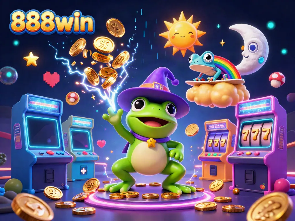 Experience the thrill of 888win with a wizard frog and chameleon amidst a gold storm.