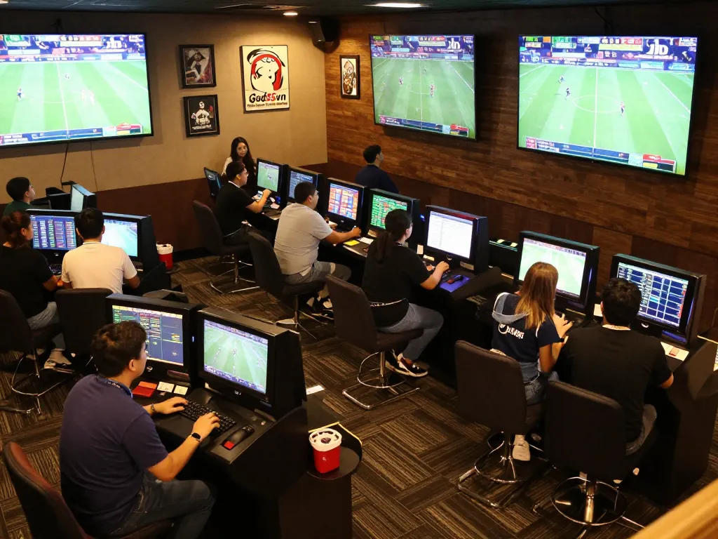Fans thrill at God55vn sports betting lounge, placing bets in an engaging atmosphere.