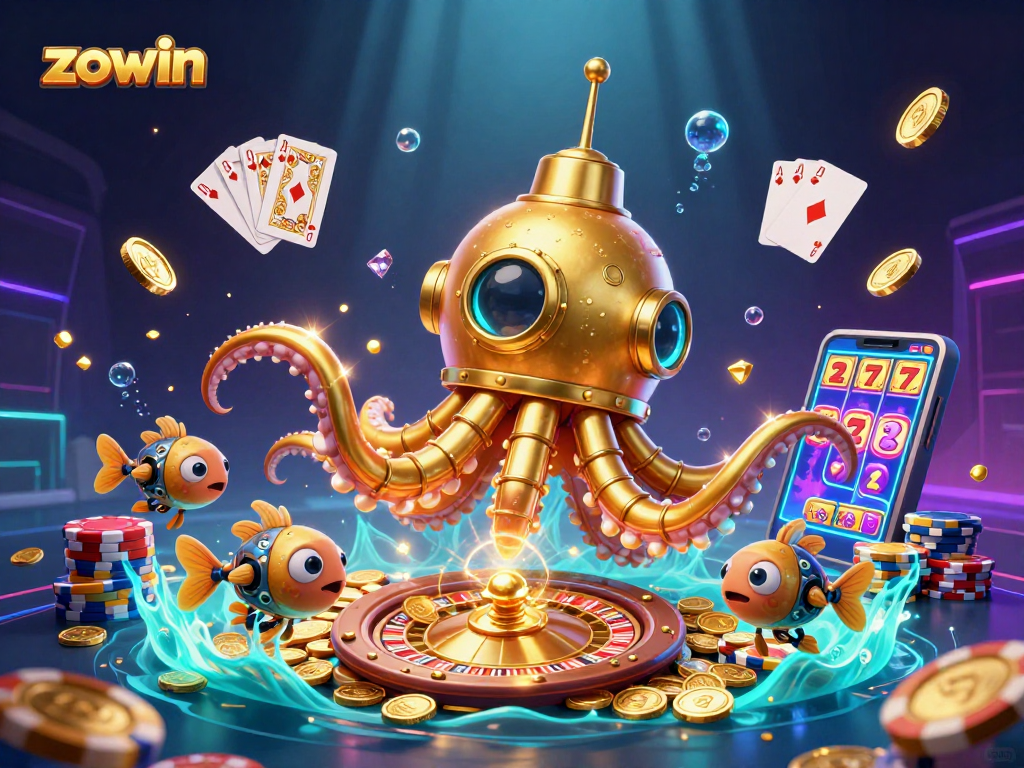 Zowin players immerse in thrilling wins with the kraken submarine amidst a gold coin sea.