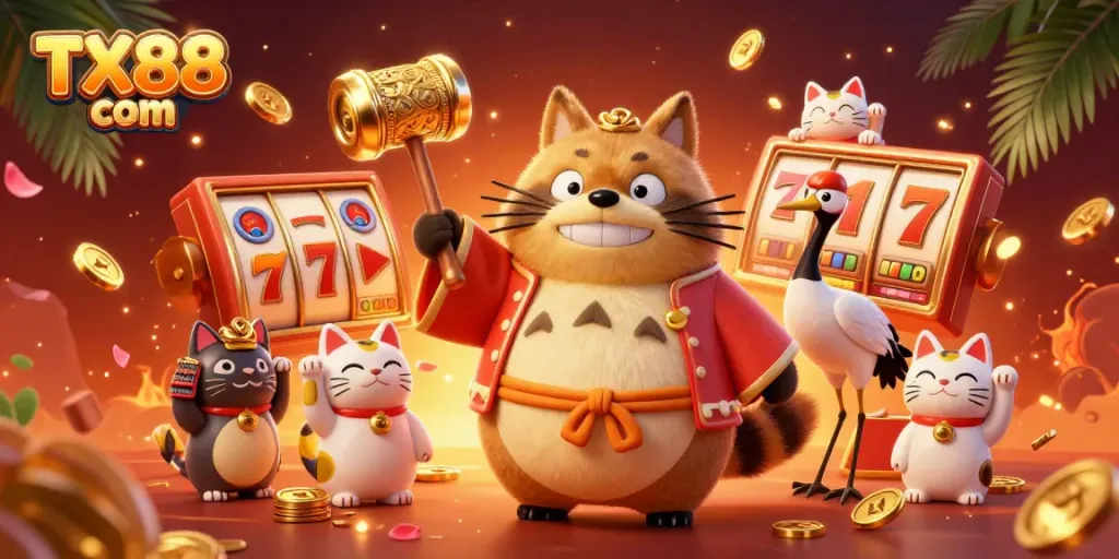 Experience TX88 com's vibrant casino excitement with cheerful cartoon characters and festive elements.