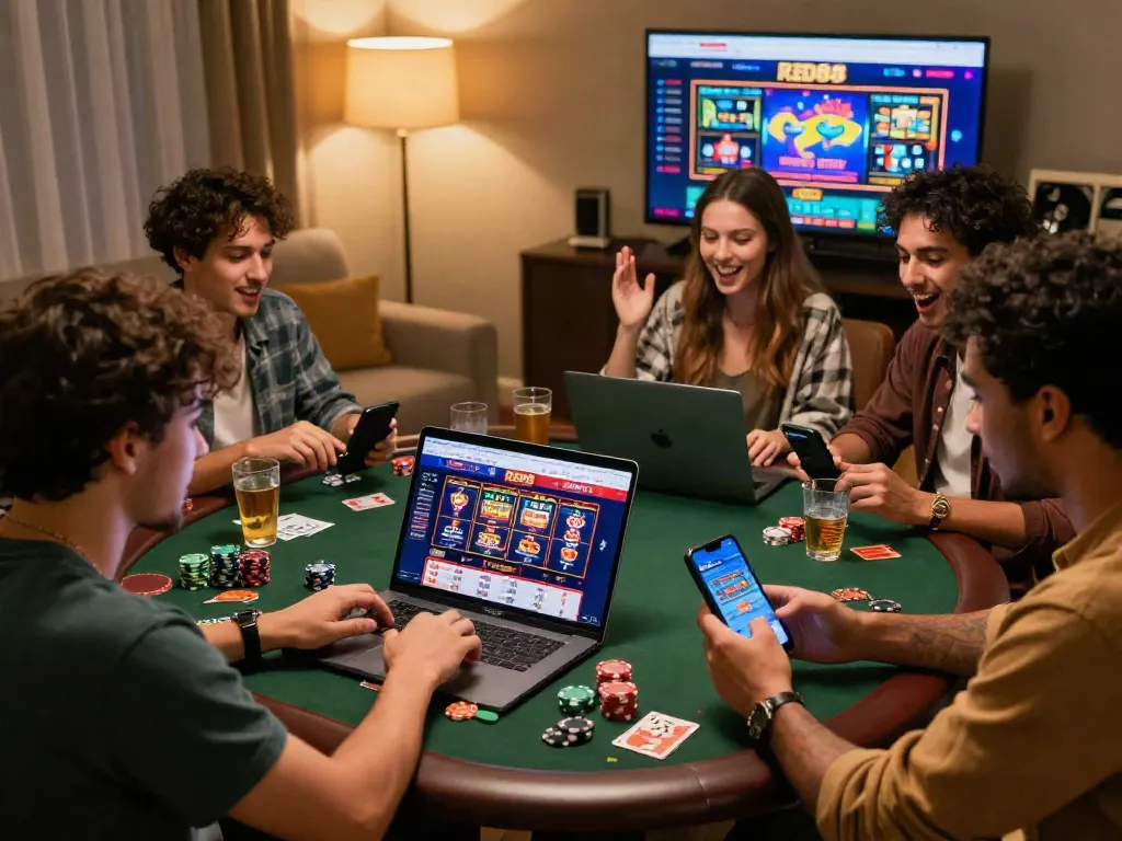 Excited group of friends enjoying online gambling at https://red88.limited/ with engaging visuals and gaming accessories.