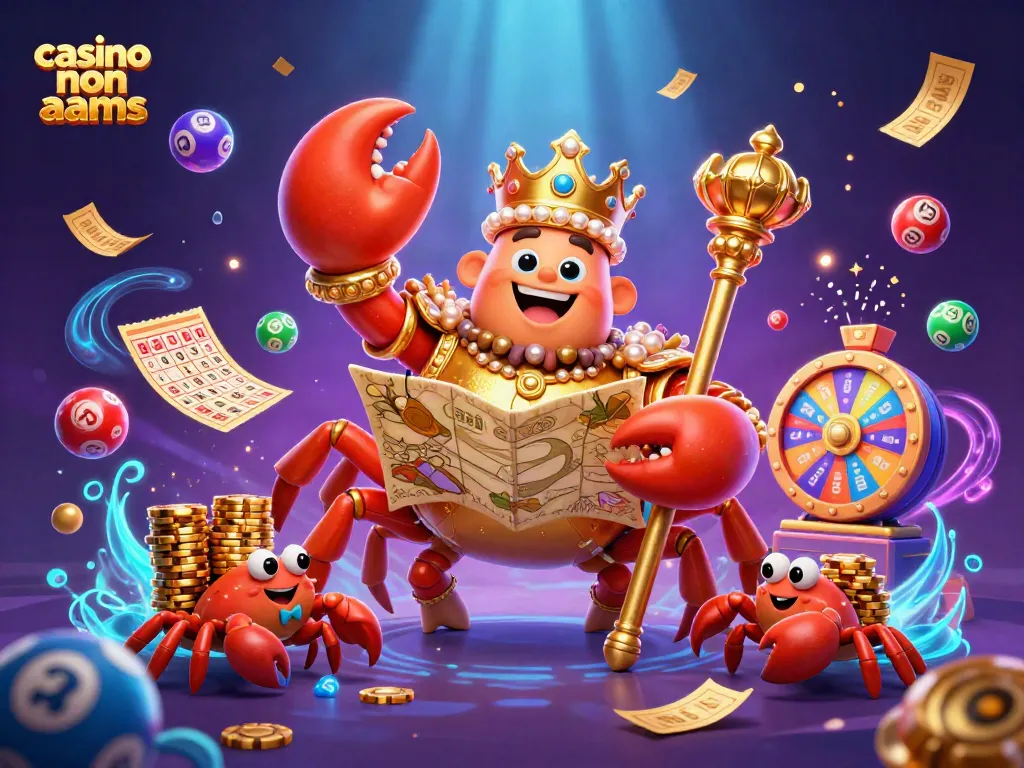 Giocando ai casino non AAMS con un granchio imperiale dorato, palline lotteria e jackpot scintillanti.