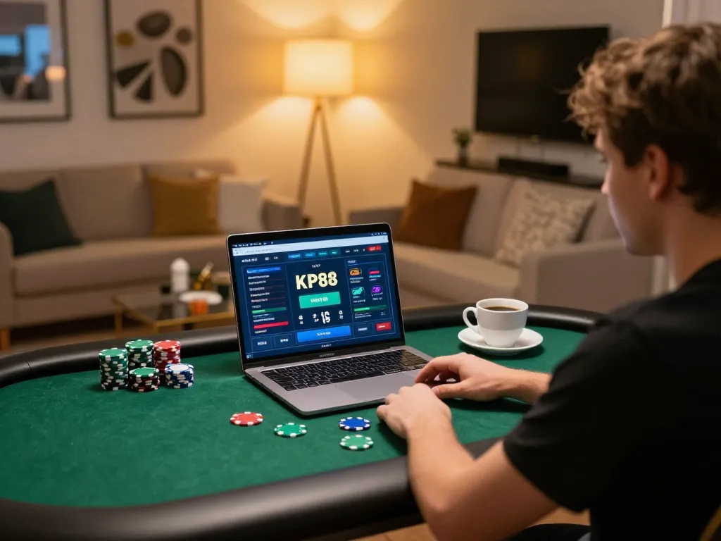 KP88s players enjoying online gaming with laptop and poker chips in stylish home