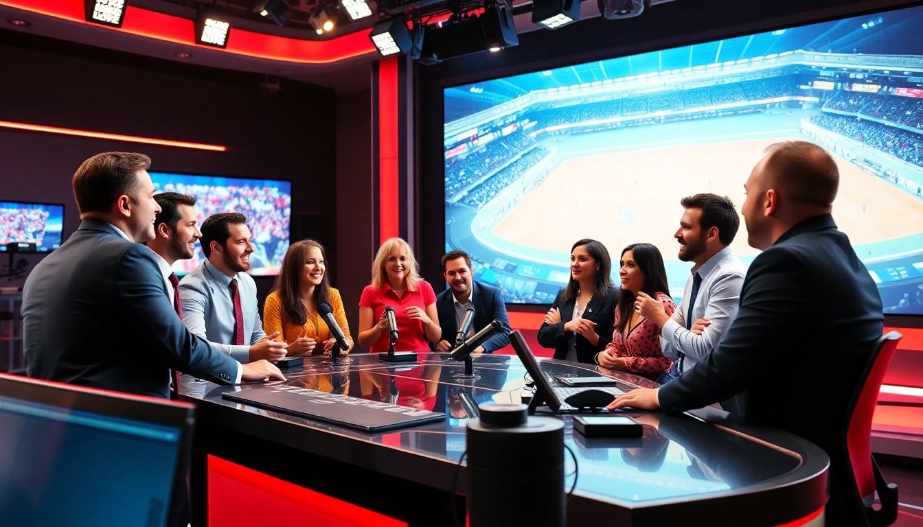 Engaging sports broadcasting studio with diverse presenters bringing live coverage.