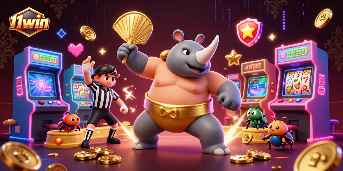 Experience the thrill of winning at 11win with a lively casino scene featuring unique characters and action.