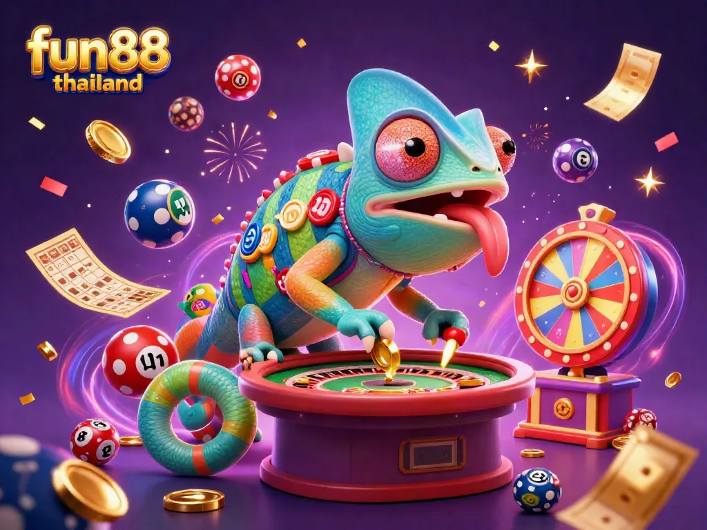 Win at fun88 thailand with a vibrant casino scene showcasing a lively chameleon owner surrounded by colorful game elements.