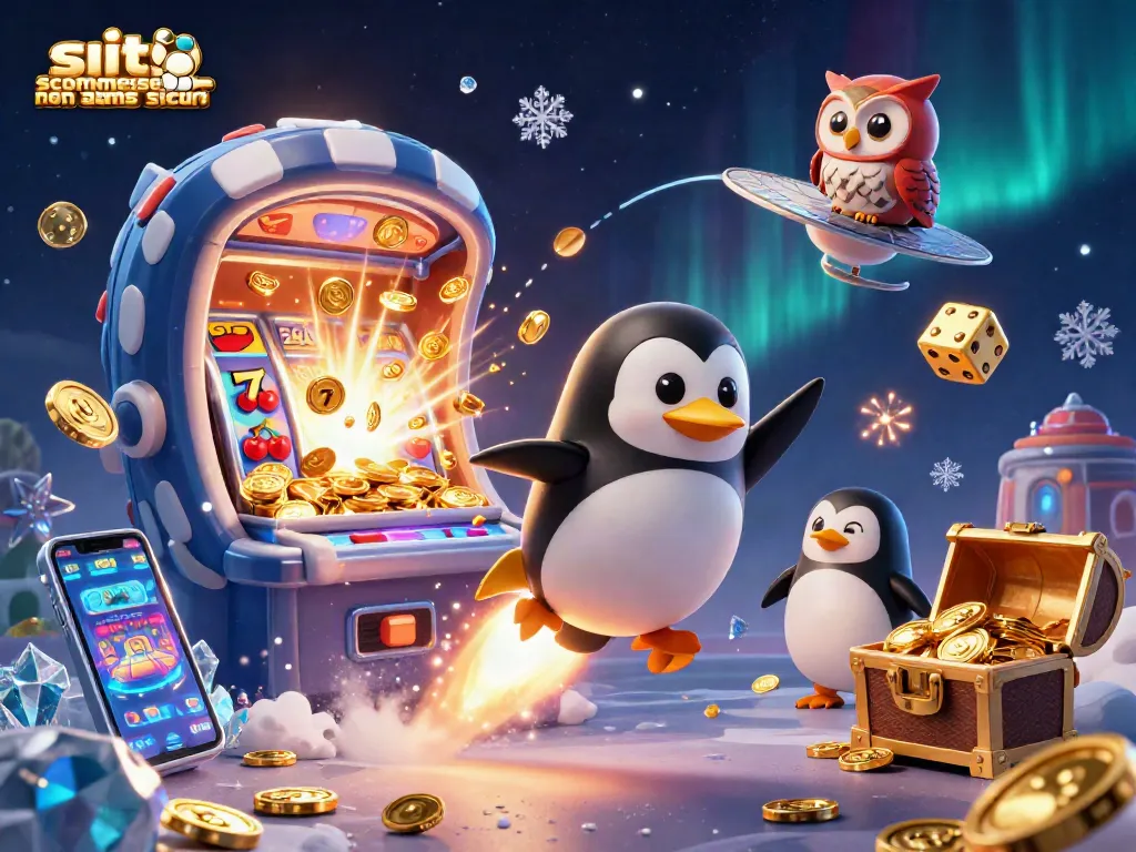 Siti scommesse non aams sicuri: illustrazione 3D di un pinguino dorato nel cosmo verso un casinò a forma di poker chip
