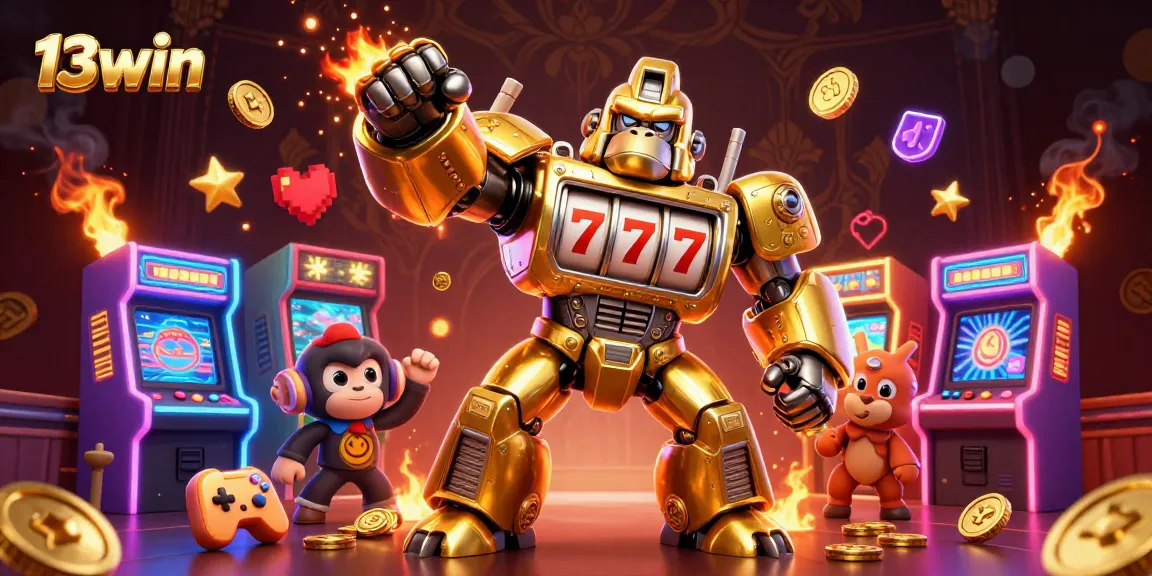 Engage with 13win's gaming excitement, featuring a dynamic golden gorilla mech in a vibrant casino environment.