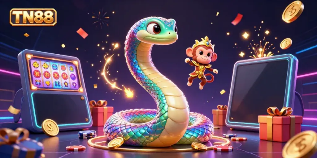 Experience the excitement of TN88 with a vibrant 3D scene featuring a rainbow serpent, a monkey king, and casino gaming elements.