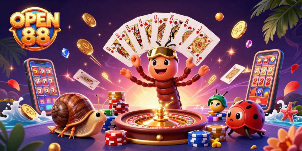Engage with exciting action at OPEN 88 featuring vibrant casino characters and dynamic game elements.