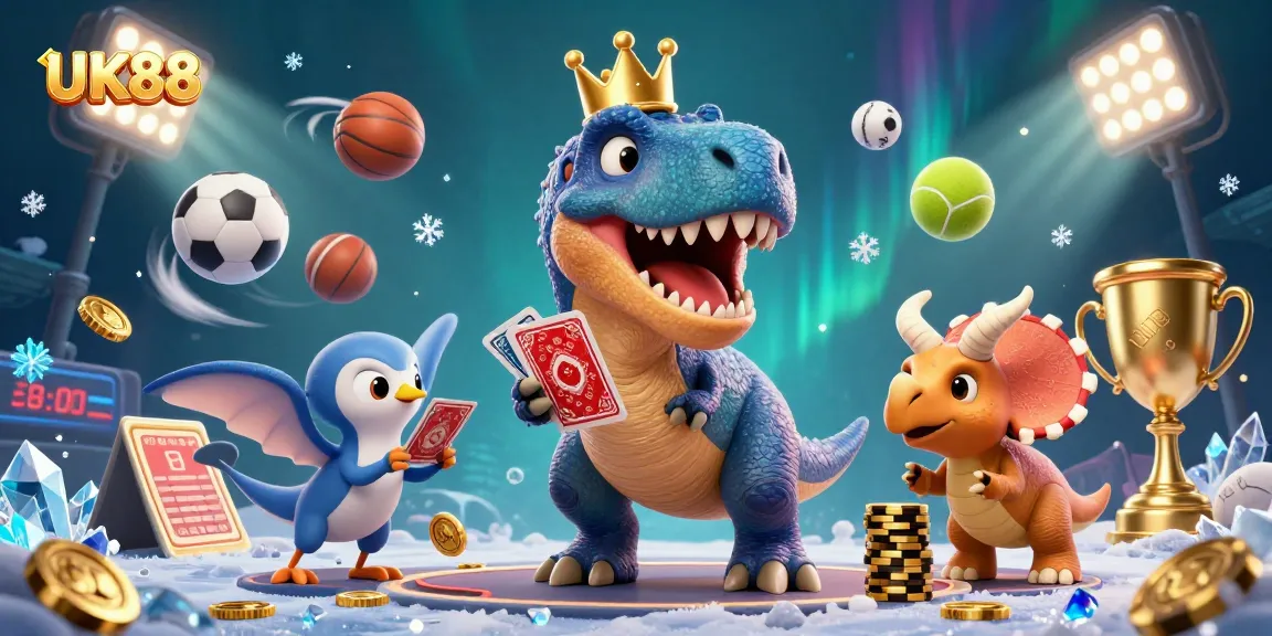 Join the action at UK88 as a friendly T-Rex and friends engage in sports betting fun!