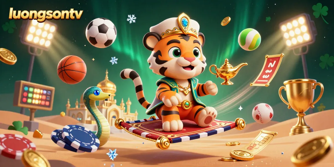 luongsontv showcases a vibrant scene with a tiger sultan on a carpet of poker chips, surrounded by sports elements.