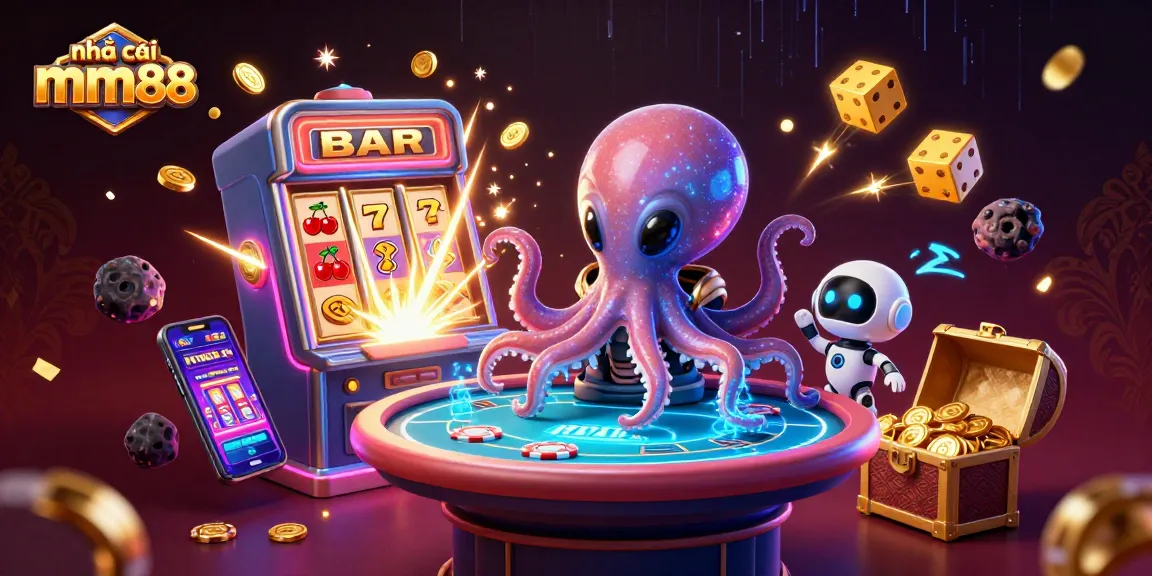 Engaging scene showcasing nhà cái mm88 with an alien octopus at a poker table amidst vibrant casino elements.