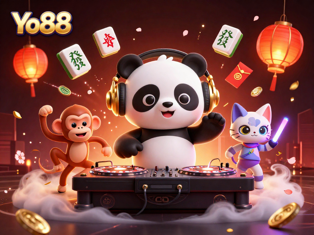 Experience the vibrant Yo88 atmosphere with lively characters dancing amidst casino-themed elements.