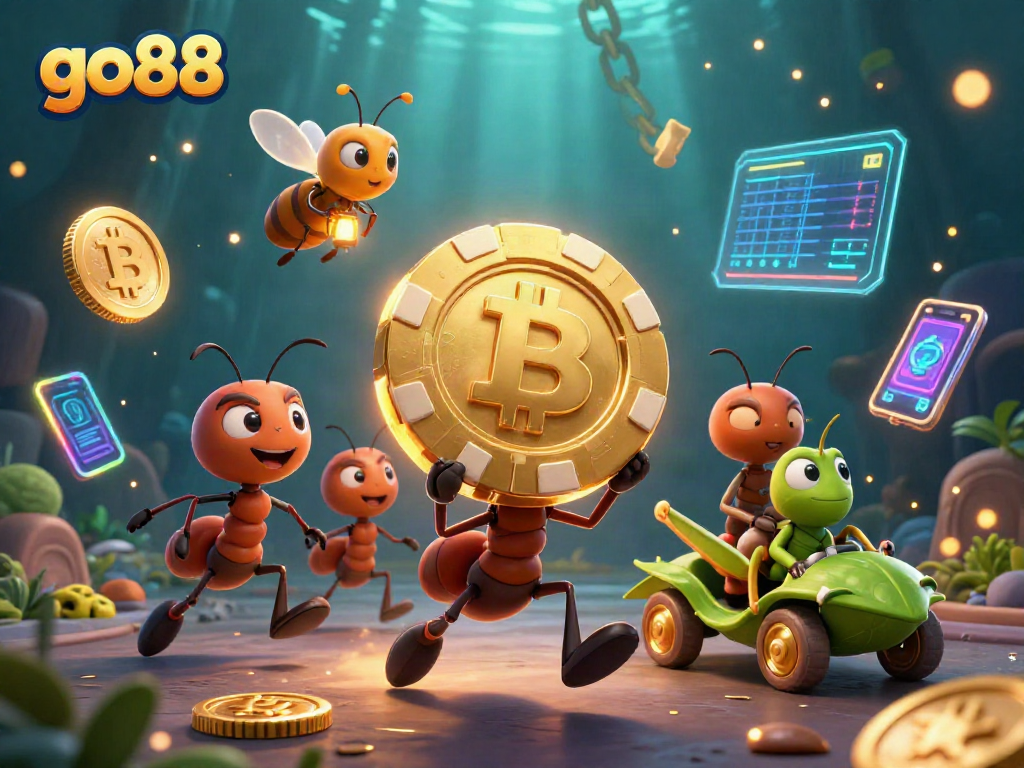 Win big at go88 with a team of clever ants swiping golden poker chips in a vibrant casino heist scene.