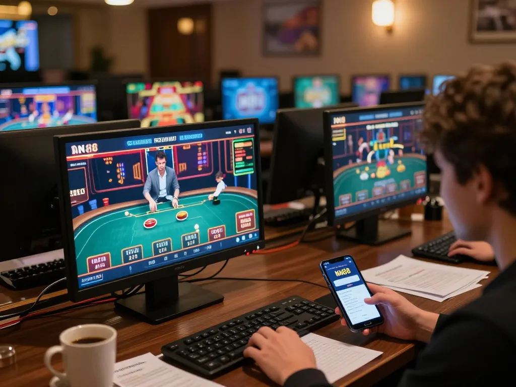Player analyzing betting odds on multiple screens while using the nn88 casino app in an inviting home gaming setup.